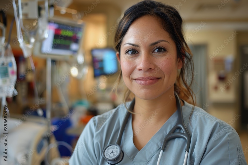 Fototapeta premium Professional Nurse in Hospital Setting with Medical Equipment, Natural Light, Medium Shot