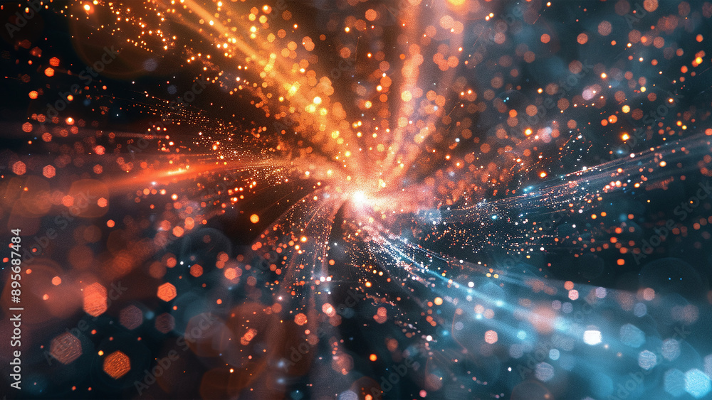 Obraz premium Abstract Fireworks Burst: Dynamic Red and Orange Light Trails on Dark Background for Festive Wallart and Wallpaper Designs