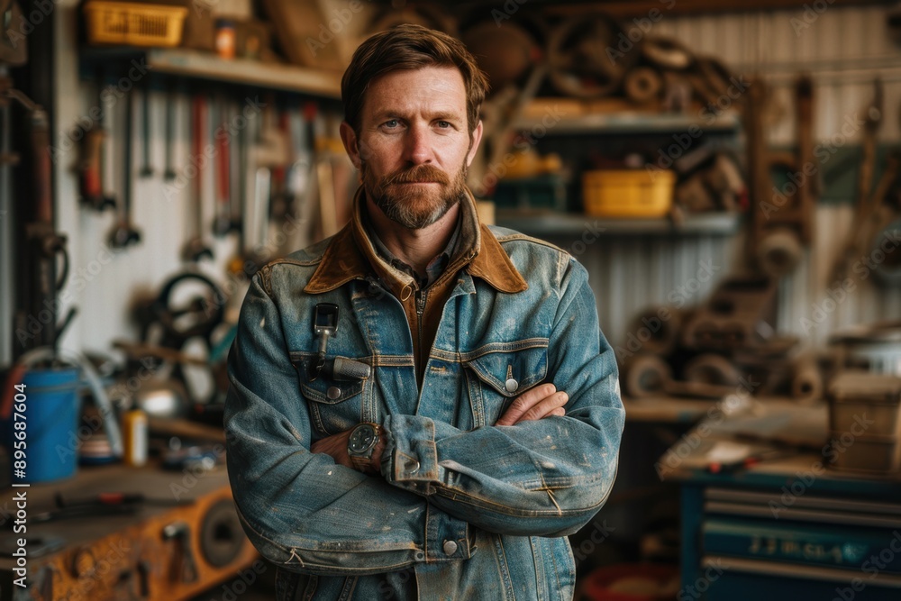 Skilled Mechanic Working in Garage with Tools, Bathed in Natural Light - Waist-up Portrait