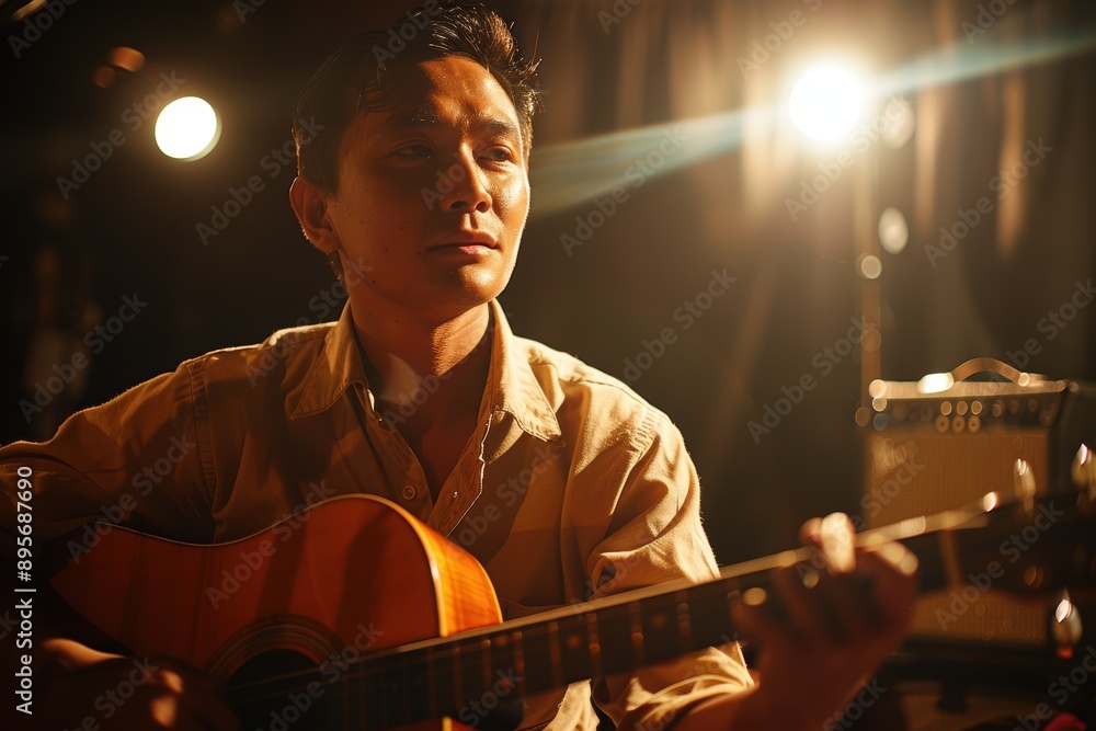 Fototapeta premium Talented Musician Performing in Studio with Instrument under Spotlight - Professional Medium Shot