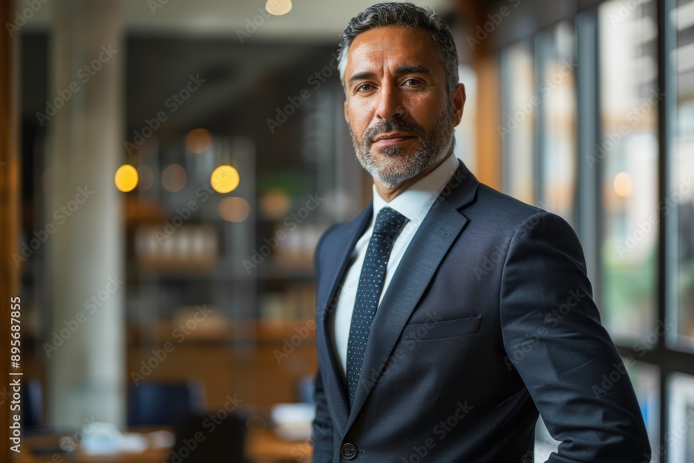 Naklejka premium Confident Banker in Formal Attire in Softly Lit Office Setting - Waist-Up Portrait