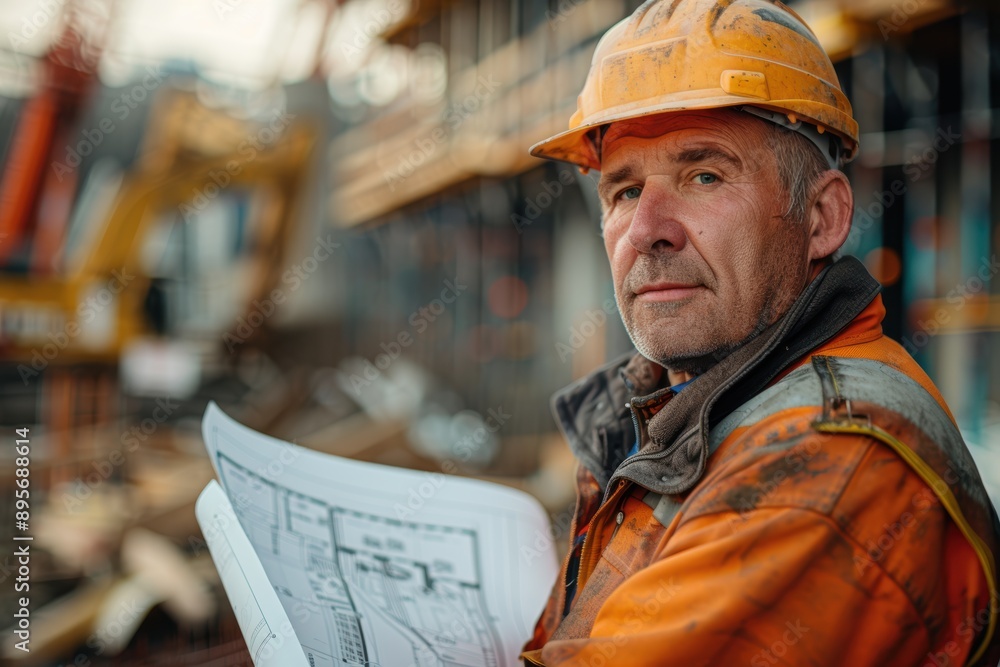Confident Construction Worker with Blueprints on Site - Midday Light, Medium Shot Background Confident Construction Worker with Blueprints on Site - Midday Light, Medium Shot Background
