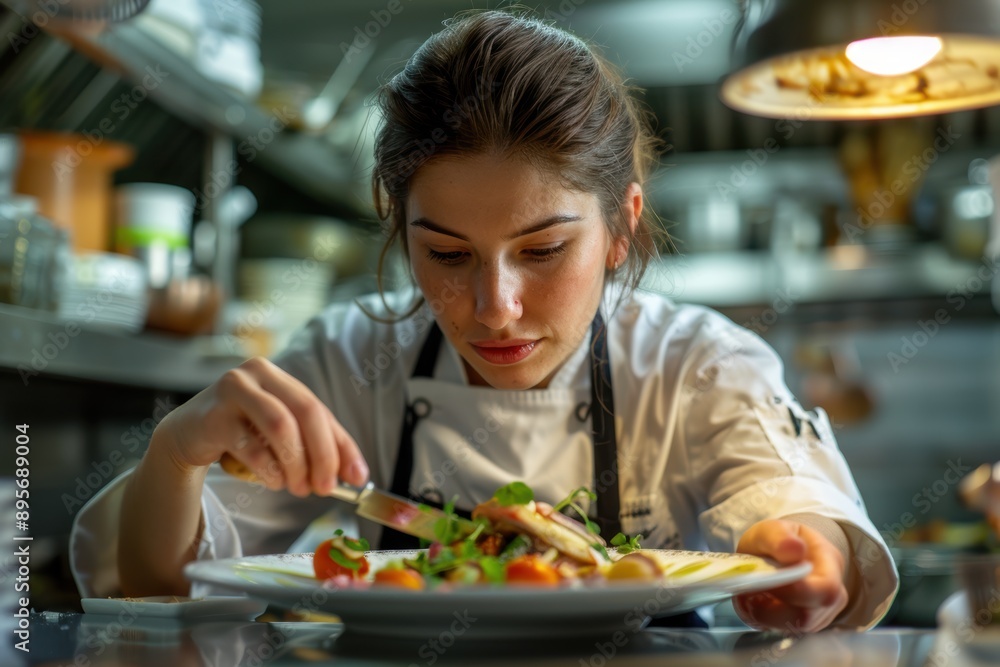 Culinary Artist Plating Dish in Warm Kitchen Light - Chef Portrait with Waist-up View Culinary Artist Plating Dish in Warm Kitchen Light - Chef Portrait with Waist-up View