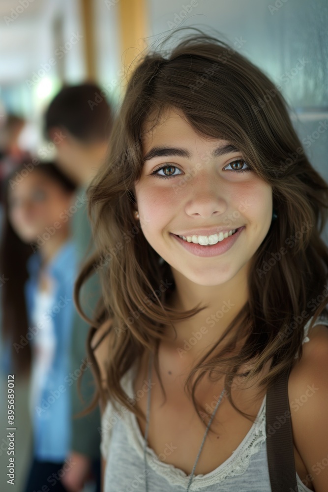 A girl with long brown hair is smiling and looking at the camera. She is wearing a white shirt and a necklace A girl with long brown hair is smiling and looking at the camera. She is wearing a white shirt and a necklace
