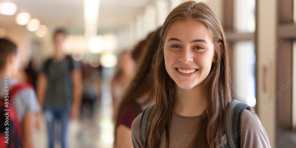 A girl with long hair is smiling and standing in a hallway. She is wearing a backpack and a shirt A girl with long hair is smiling and standing in a hallway. She is wearing a backpack and a shirt