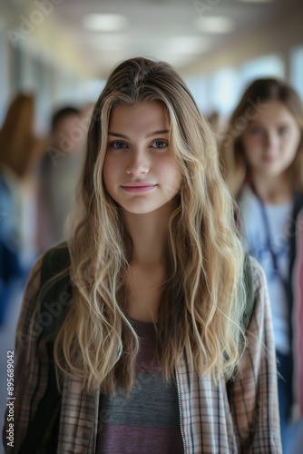 Wallpaper Mural A girl with long blonde hair is smiling and standing in a hallway. She is wearing a plaid jacket and a backpack Torontodigital.ca