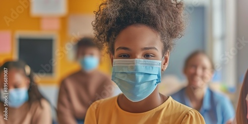 A girl wearing a blue surgical mask is smiling at the camera. She is surrounded by other people, some of whom are also wearing masks. The scene appears to be a classroom setting