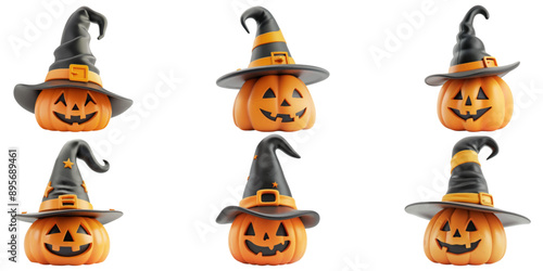 Pumpkin wearing a 3D witch hat in cute Halloween style. Isolated on a white background
