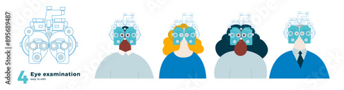 Eye examination collection. Optometry. Male and Female Perform Eye Test with Manual Vision Tester. Modern Flat Vector Illustration. Social Media Template.