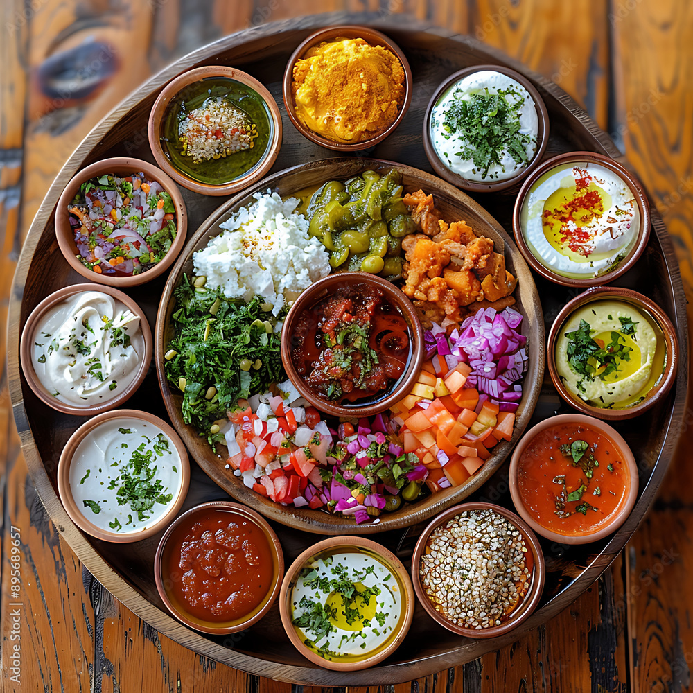 Savory street food platter with dips and sauces Savory street food platter with dips and sauces