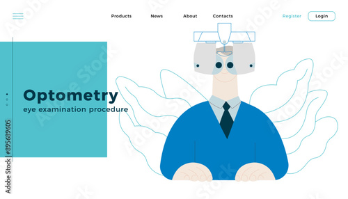 Optometry. Eye Test and Prescription Glasses. Male Perform Eye Test with Automated Digital Phoropter. Modern Flat Vector Illustration. Landing Page Design Template. Website Banner.