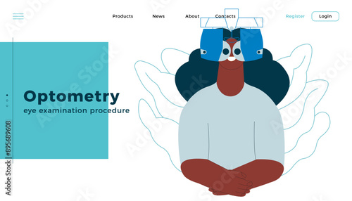 Optometry. Eye Test and Prescription Glasses. Female Perform Eye Test with Automated Digital Phoropter. Modern Flat Vector Illustration. Landing Page Design Template. Website Banner.