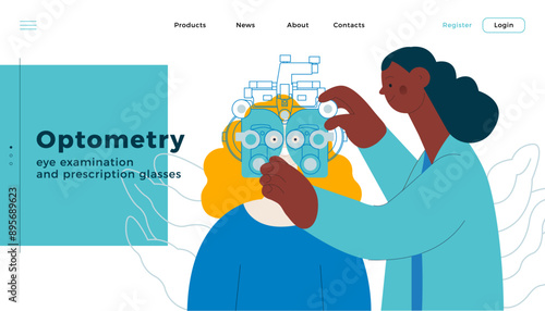Optometry. Eye Test and Prescription Glasses. Medical Specialist and Patient Perform Eye Test with Manual Vision Tester on Abstract Background. Modern Flat Vector Illustration. Website Template.