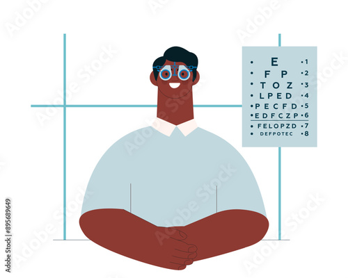 Optometry. Eye Test and Prescription Glasses. Male Patient Wear Adjustable Optical Trial Lens in Medical Office. Modern Flat Vector Illustration. 