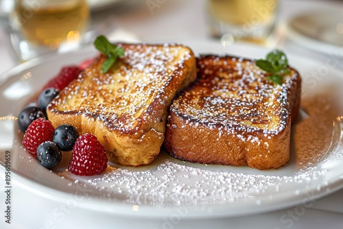 French toast with powdered sugar and a side of berries 