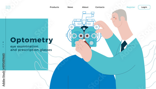 Optometry. Eye Test and Prescription Glasses. Medical Specialist and Patient Perform Eye Test with Manual Vision Tester on Abstract Background. Modern Flat Vector Illustration. Website Template.