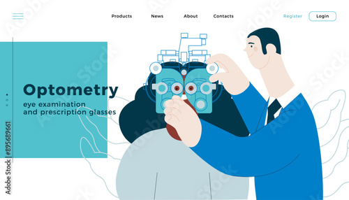 Optometry. Eye Test and Prescription Glasses. Medical Specialist and Patient Perform Eye Test with Manual Vision Tester on Abstract Background. Modern Flat Vector Illustration. Website Banner.