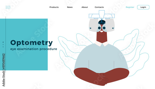 Optometry. Eye Test and Prescription Glasses. Male Perform Eye Test with Automated Digital Phoropter. Modern Flat Vector Illustration. Landing Page Design Template. Website Banner.