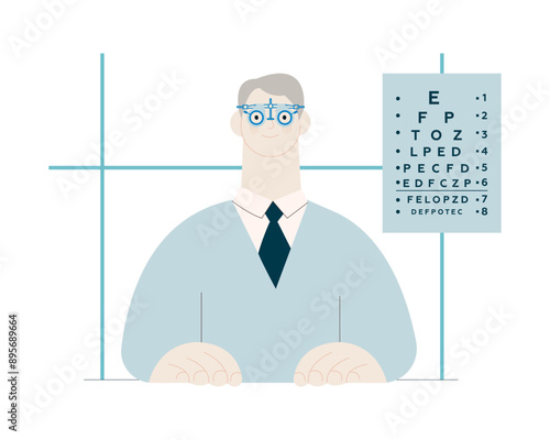 Optometry. Eye Test and Prescription Glasses. Male Patient Wear Adjustable Optical Trial Lens in Medical Office. Modern Flat Vector Illustration. 