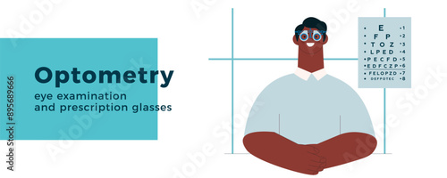 Optometry. Eye Test and Prescription Glasses. Male Patient Wear Adjustable Optical Trial Lens in Medical Office. Modern Flat Vector Illustration. Website Banner.