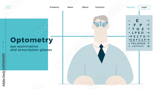 Optometry. Eye Test and Prescription Glasses. Male Patient Wear Adjustable Optical Trial Lens in Medical Office. Modern Flat Vector Illustration. Landing Page Design Template. Website Banner.