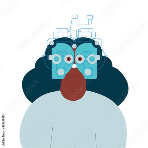 Optometry. Eye Test and Prescription Glasses. Female Perform Eye Test with Manual Vision Tester. Modern Flat Vector Illustration. 