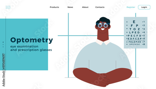 Optometry. Eye Test and Prescription Glasses. Male Patient Wear Adjustable Optical Trial Lens in Medical Office. Modern Flat Vector Illustration. Landing Page Design Template. Website Banner.
