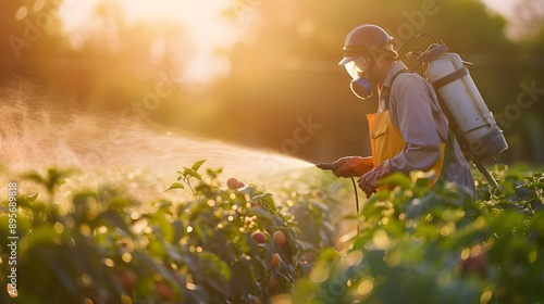 Farm Workers Spraying Pesticides for Fruit Treatment.