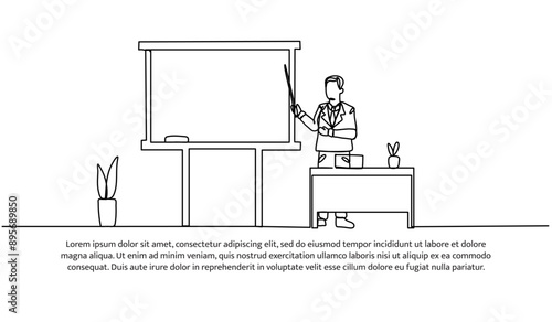 Continuous one line design of the teacher is giving an explanation. Minimalist style vector illustration on white background.