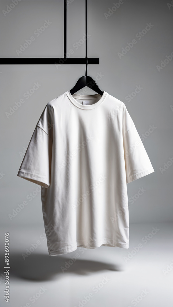 Blank white oversized t-shirt hanging on a black clothes rack, mockup