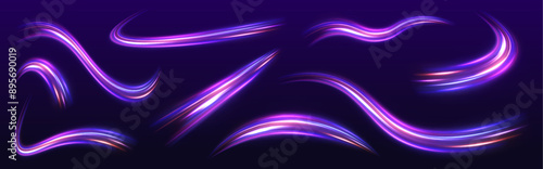 A set of neon swirls with a light effect in the form of a spiral. Vector abstract dynamic dark background. City road car light trails motion background.	