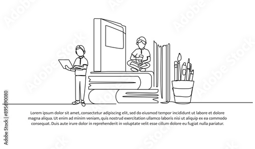 Continuous one line design of People study in public library. Minimalist style vector illustration on white background.
