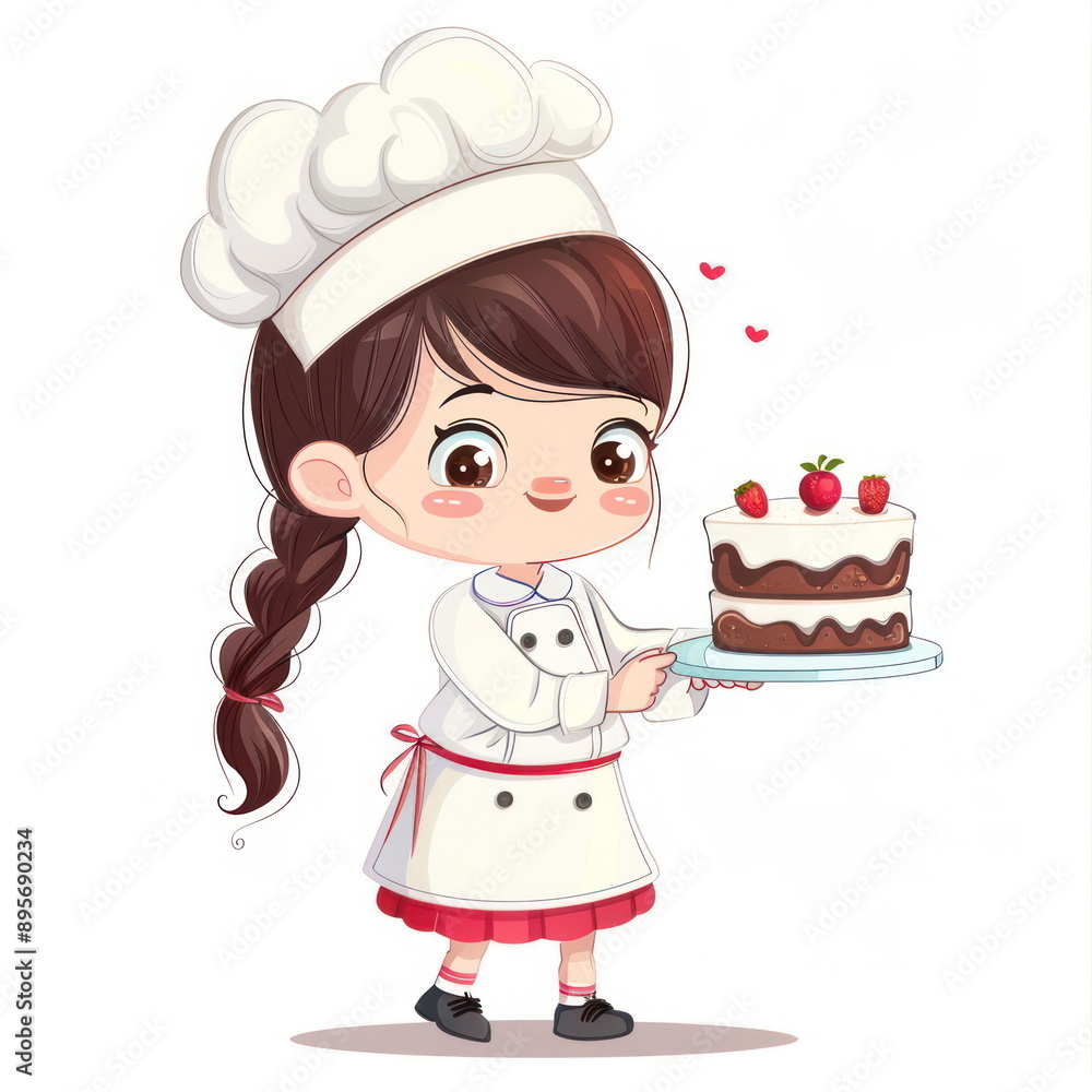 Cartoon character of cute little girl hold cake,wear chef uniform, white background, vector illustration Cartoon character of cute little girl hold cake,wear chef uniform, white background, vector illustration