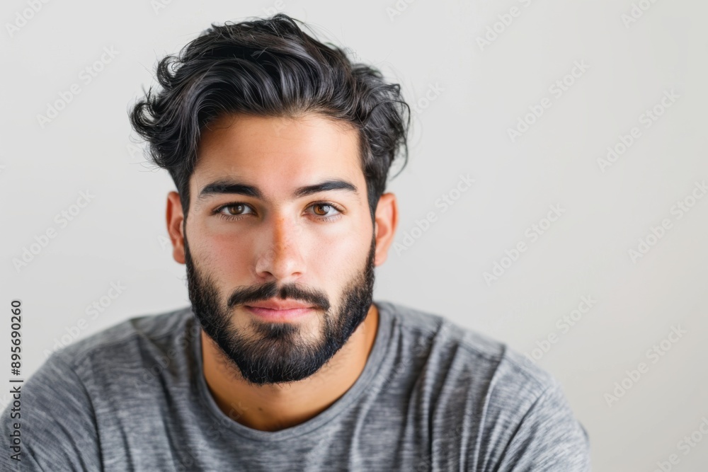 Fototapeta premium Serious Expression. Hispanic Man with Beard in Casual Attire Looking at Camera on White Background