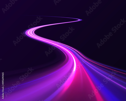 Light trail wave, fire path trace line, car lights, optic fiber and incandescence curve twirl. High speed road in night time abstraction. Sport car is made of polygons, lines and connected dots.	