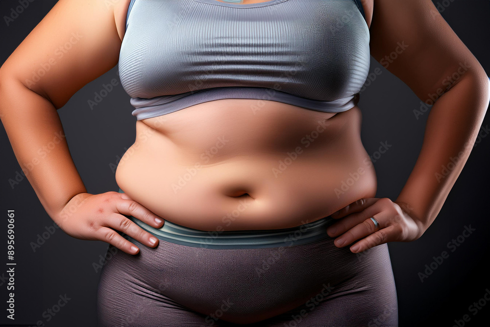 Overweight girl holding her belly and thinking about exercising to reduce weight Overweight girl holding her belly and thinking about exercising to reduce weight