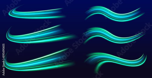 Neon green swirls abstract speed line. Light and stripes moving fast over dark background. Concept of leading in business, Hi tech products, warp speed wormhole science vector design.