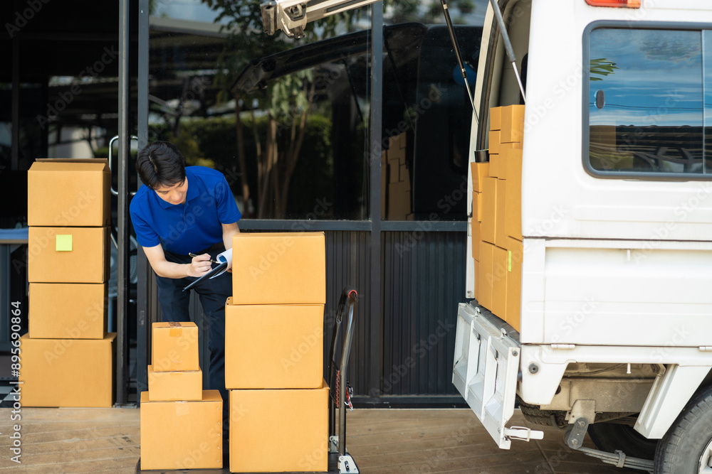 Asian delivery man work in truck for checking the product in the truck, concept ecommerce. Asian delivery man work in truck for checking the product in the truck, concept ecommerce.