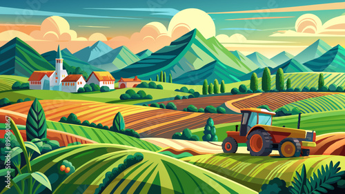 A panoramic view of vibrant green agricultural fields with a tractor under a mountainous skyline