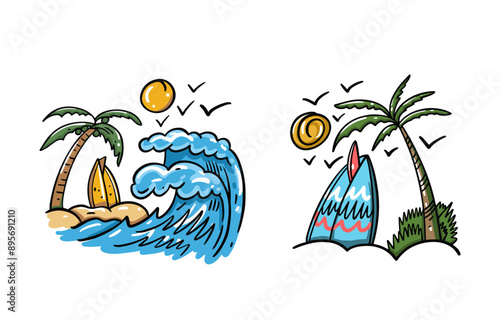 Enjoy a vibrant beach and surfing scene with waves and palm trees in this colorful illustration