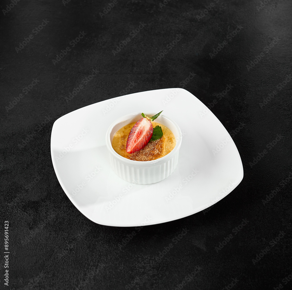 Strawberry Crème Brûlee in White Ramekin on Black Background Strawberry Crème Brûlee in White Ramekin on Black Background