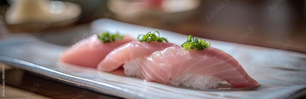 Close-up of three elegant sushi pieces with green garnish on a white plate, showcasing traditional Japanese cuisine in a fine dining setting.