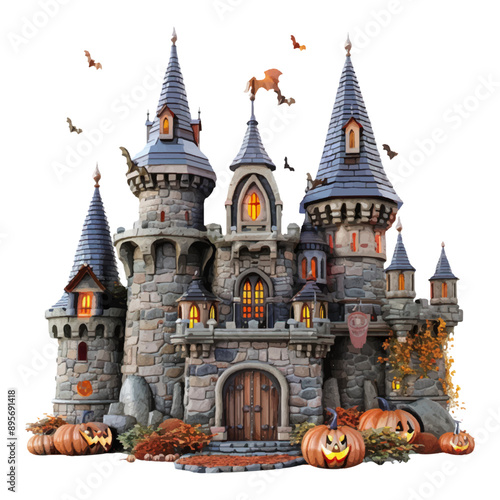 3D castle in cute Halloween style isolated on white background.