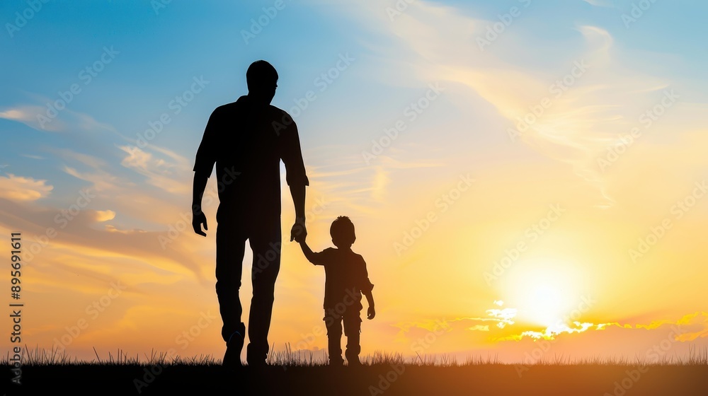 Heartwarming image of a father and child hand in hand against a sunset. Illustrates fatherhood and parenting. Heartwarming image of a father and child hand in hand against a sunset. Illustrates fatherhood and parenting.