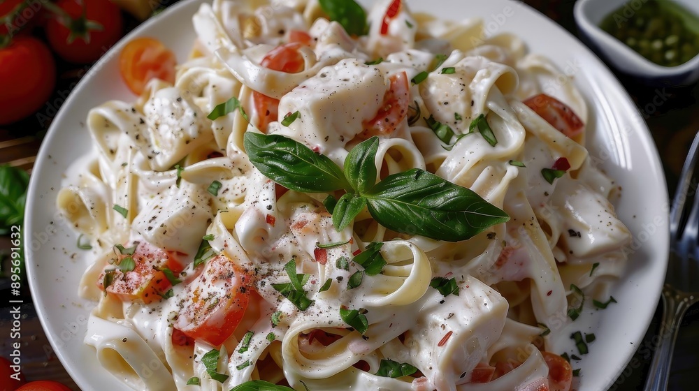 Delicious creamy pasta dish with fresh tomatoes and basil garnished with herbs, served on a white plate. Perfect for Italian cuisine lovers. Delicious creamy pasta dish with fresh tomatoes and basil garnished with herbs, served on a white plate. Perfect for Italian cuisine lovers.