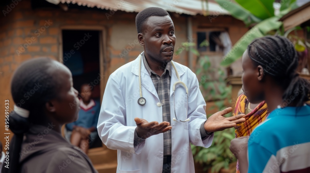 Male doctor in a white coat and stethoscope talks passionately with two women in a rural african village, emphasizing healthcare support and collaboration in underserved communities.