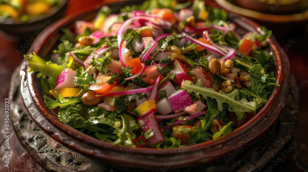 Fresh, colorful mixed salad with leafy greens, red onion, tomatoes, and a variety of vegetables in a rustic bowl, perfect for a healthy meal. Fresh, colorful mixed salad with leafy greens, red onion, tomatoes, and a variety of vegetables in a rustic bowl, perfect for a healthy meal.