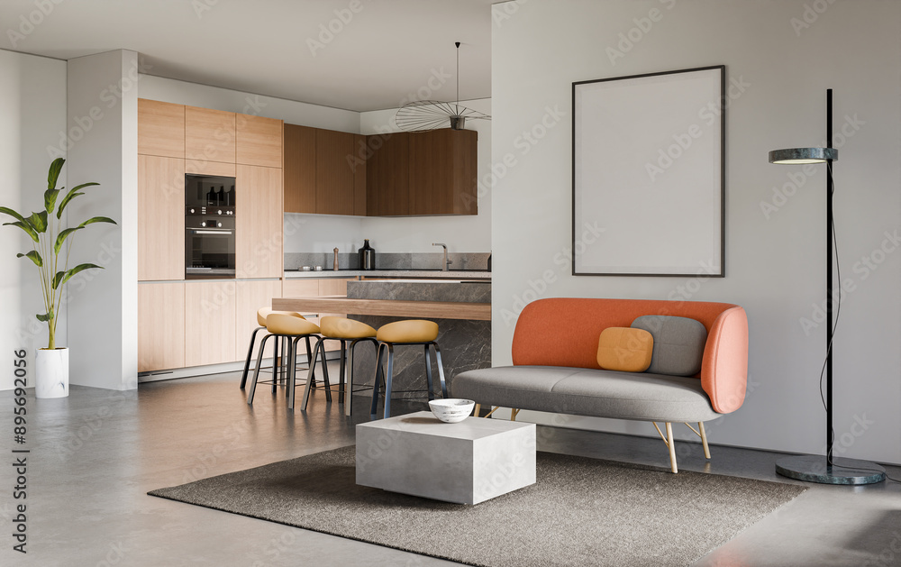 Studio room interior with cooking area, white walls, concrete floor and modern furniture. Minimalist design, 3d rendering Studio room interior with cooking area, white walls, concrete floor and modern furniture. Minimalist design, 3d rendering