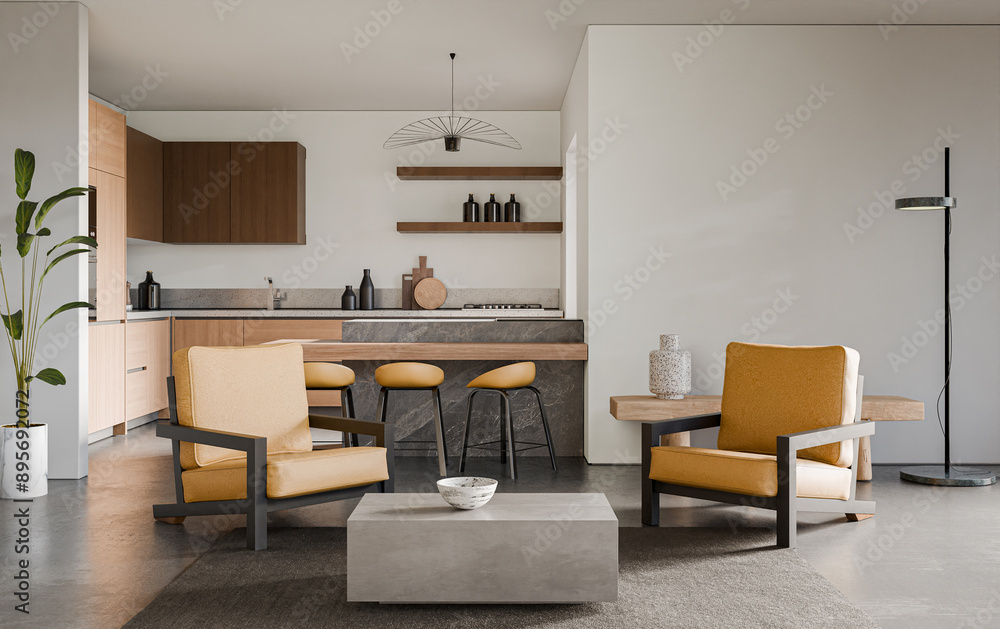 Fototapeta premium Studio room interior with cooking area, white walls, concrete floor and modern furniture. Minimalist design, 3d rendering