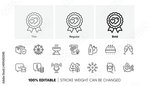 Breathable mattress, Info and Vegetables line icons. Pack of Cogwheel, Love award, Fitness water icon. Microphone, Grill, Parcel insurance pictogram. Tree, Ferris wheel, Discrimination. Vector